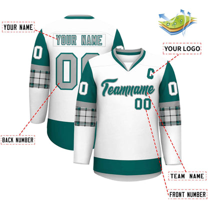 Custom White Aqua-Gray Personalized Raglan Sleeves V-Neck Hockey Jersey
