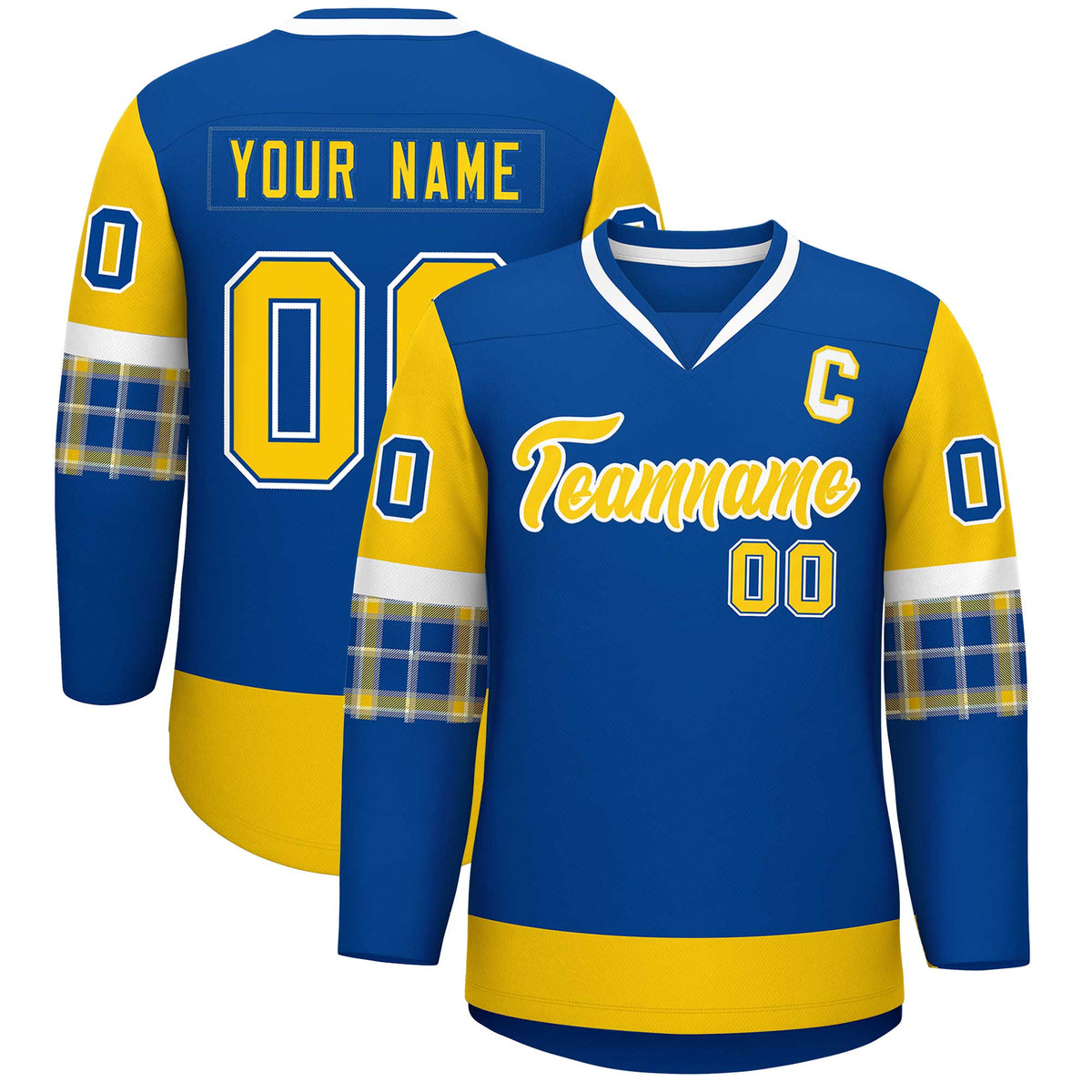 Custom Royal Gold-Gold Personalized Raglan Sleeves V-Neck Hockey Jersey