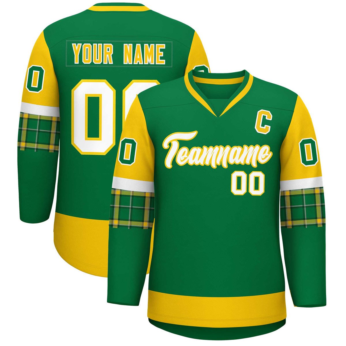 Custom Kelly Green Gold-White Personalized Raglan Sleeves V-Neck Hockey Jersey