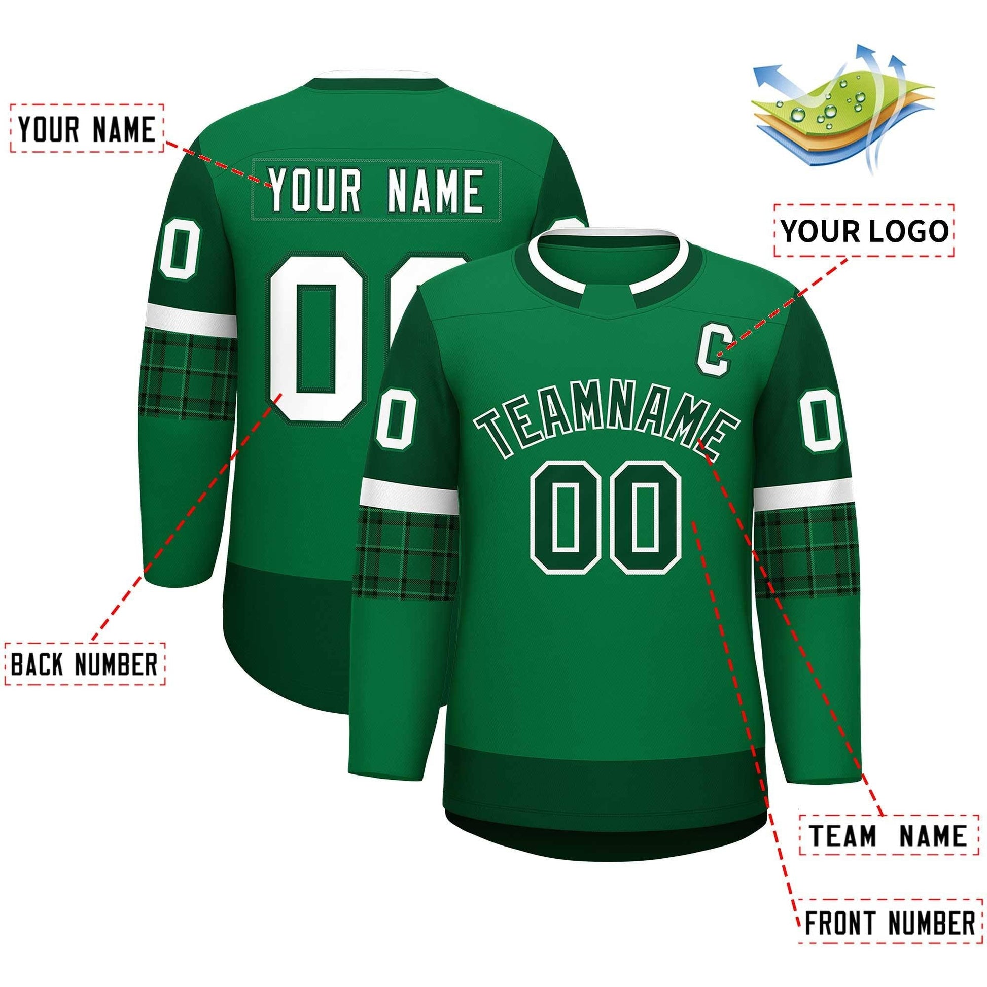Custom Teal Green Personalized Raglan Sleeves Round-Neck Hockey Jersey