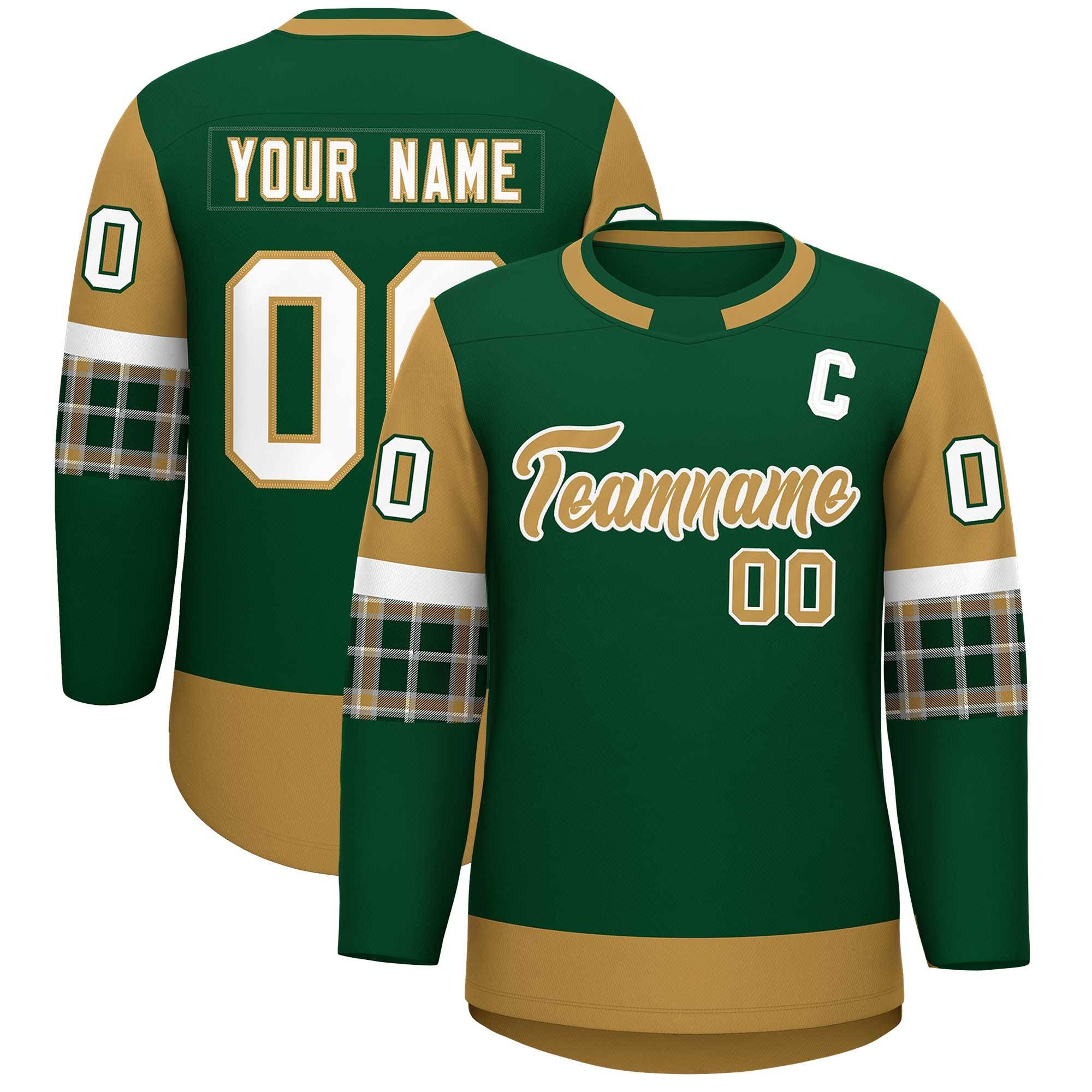 Custom Green Old Gold Personalized Raglan Sleeves Round-Neck Hockey Jersey
