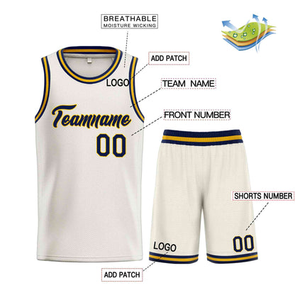 Custom Cream Navy-Yellow Heal Sports Uniform Classic Sets Basketball Jersey