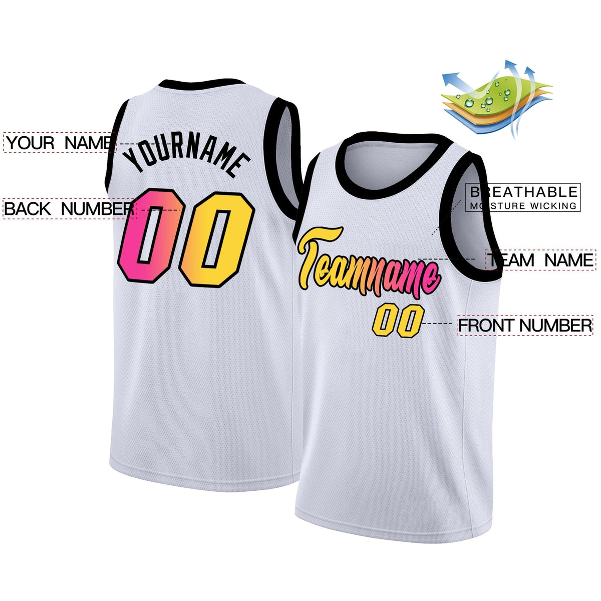 Custom White Yellow-Pink Gradient Fashion Tops Basketball Jersey