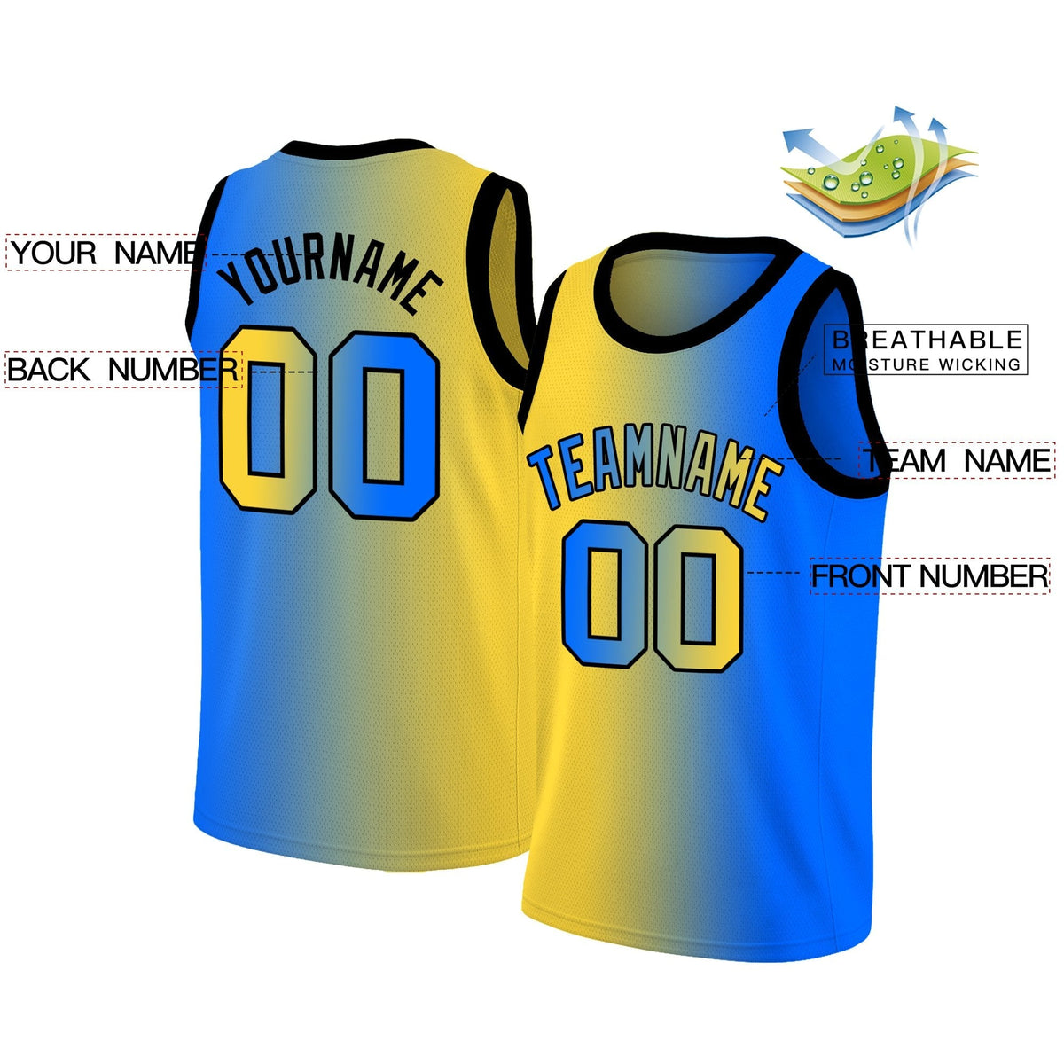 Custom Blue Yellow-Black Gradient Fashion Tops Basketball Jersey