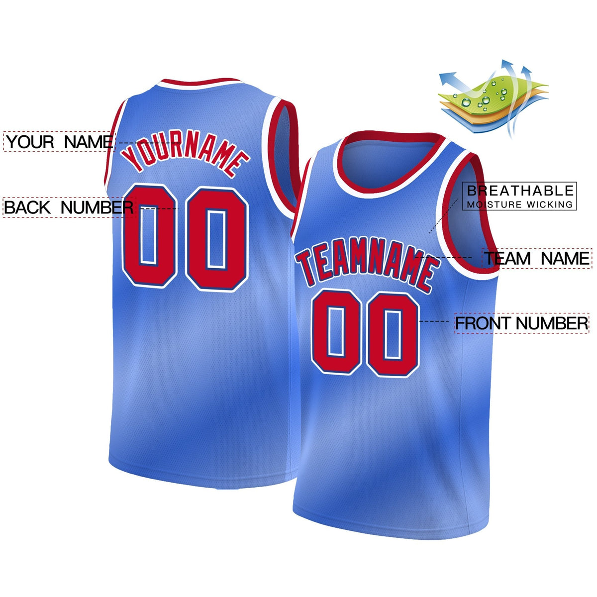Custom Blue White-Red Gradient Fashion Tops Basketball Jersey