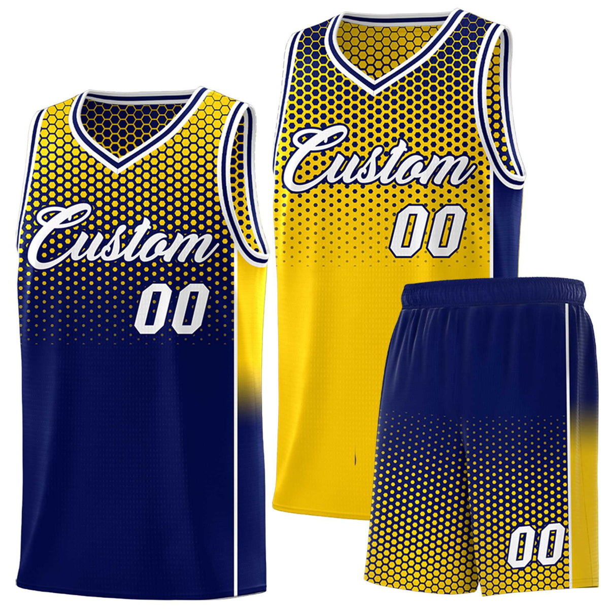 Custom Gold Navy Reversible Side Gradient Sports Uniform Dot Pattern Basketball Jersey Kits