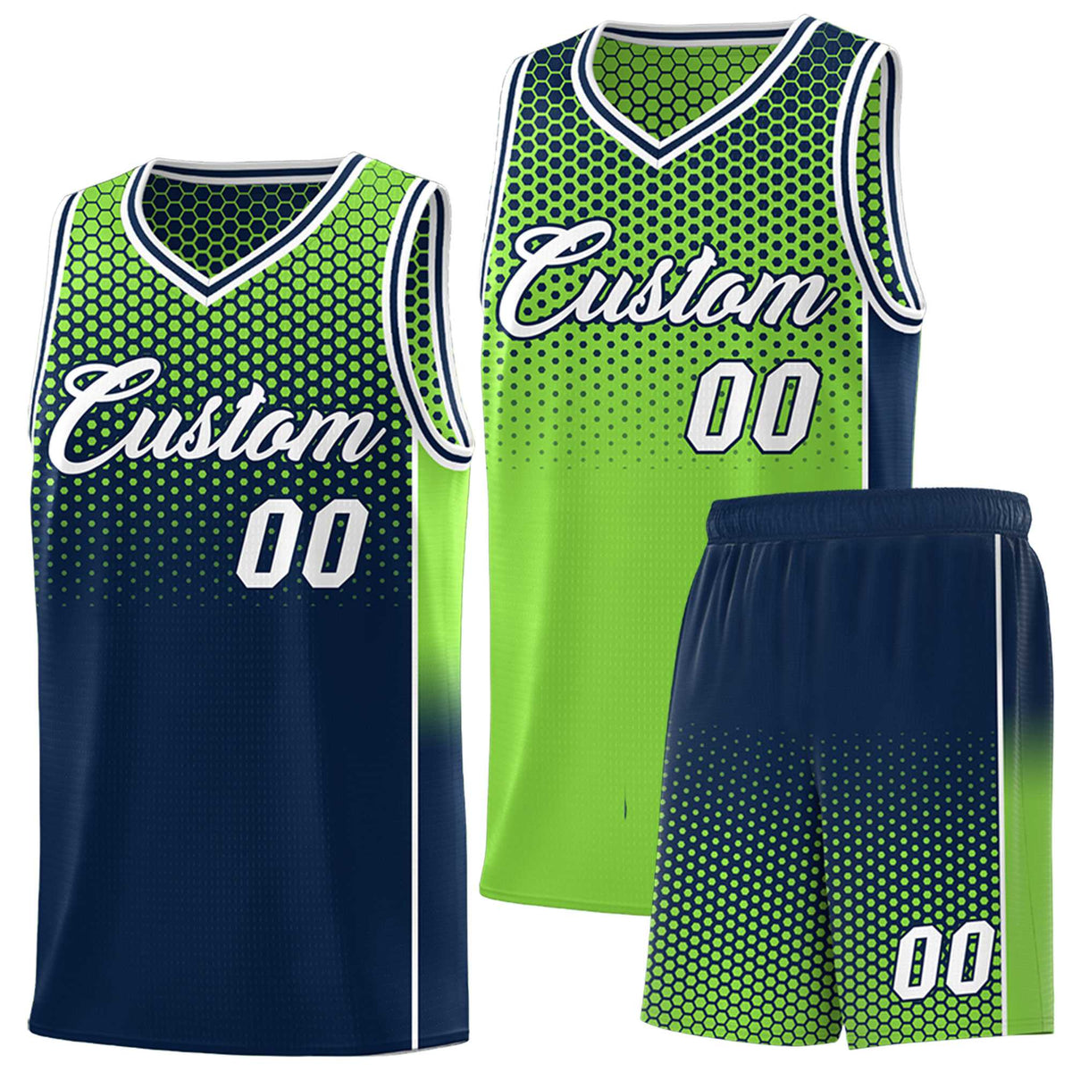 Custom Neon Green Navy Reversible Side Gradient Sports Uniform Dot Pattern Basketball Jersey Kits