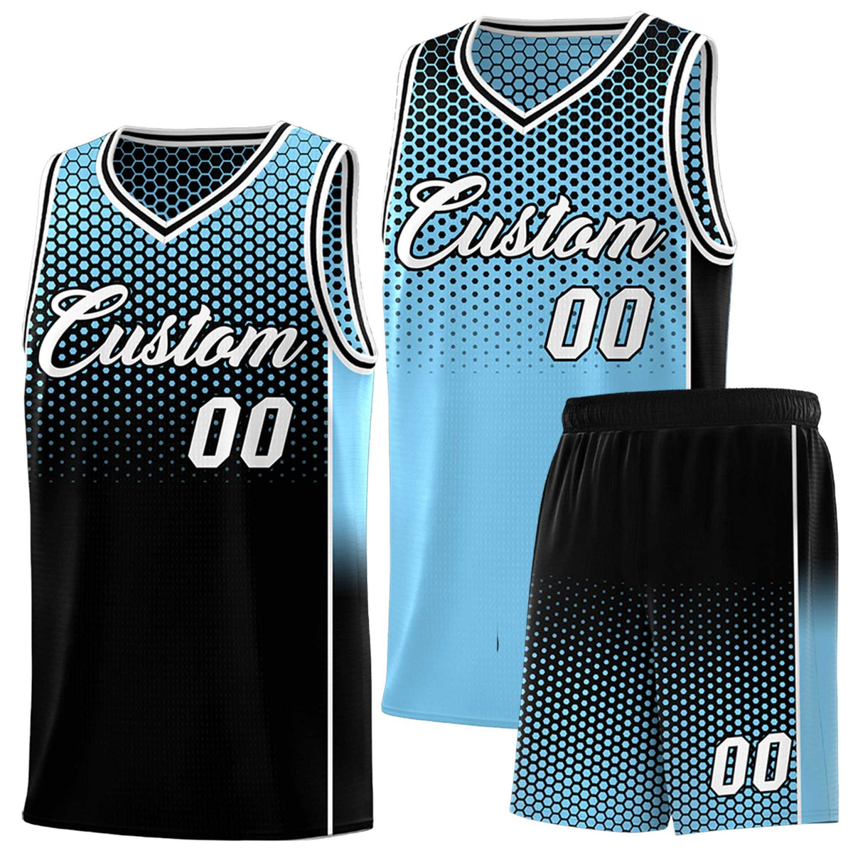 Custom Powder Blue Black Reversible Side Gradient Sports Uniform Dot Pattern Basketball Jersey Kits