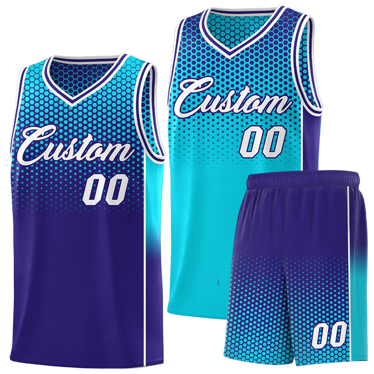 Custom Sky Blue Navy Reversible Side Gradient Sports Uniform Dot Pattern Basketball Jersey Kits