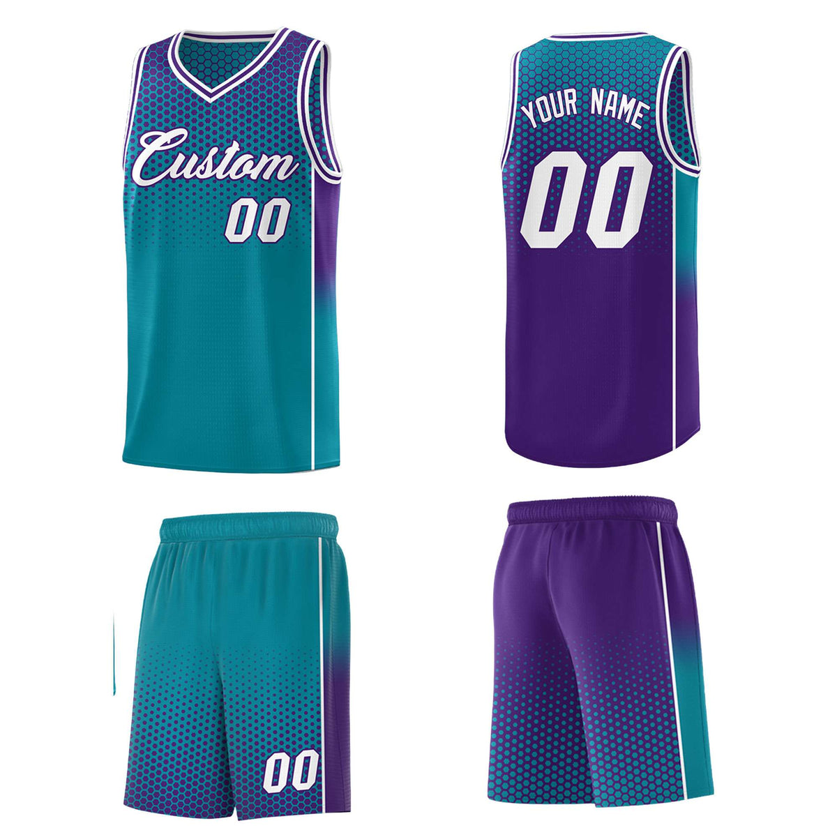 Custom Teal Purple Reversible Side Gradient Sports Uniform Dot Pattern Basketball Jersey Kits
