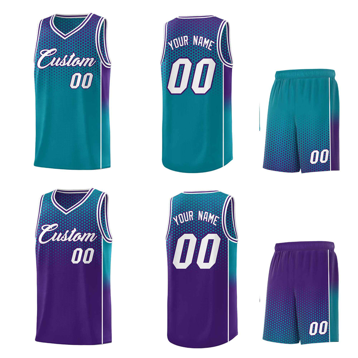 Custom Teal Purple Reversible Side Gradient Sports Uniform Dot Pattern Basketball Jersey Kits