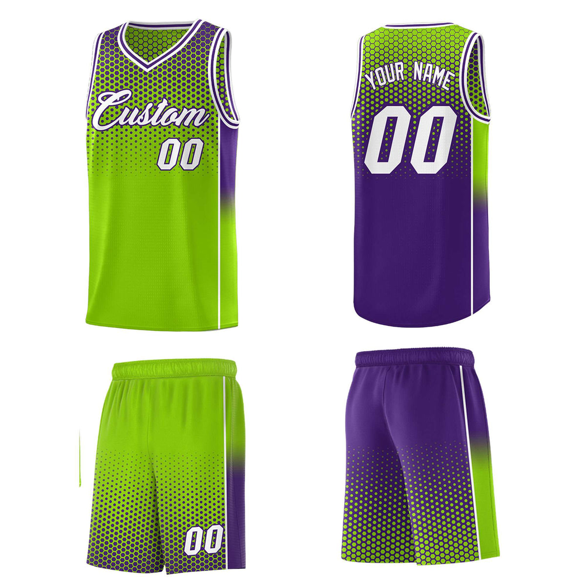 Custom Neon Green Purple Reversible Side Gradient Sports Uniform Dot Pattern Basketball Jersey Kits