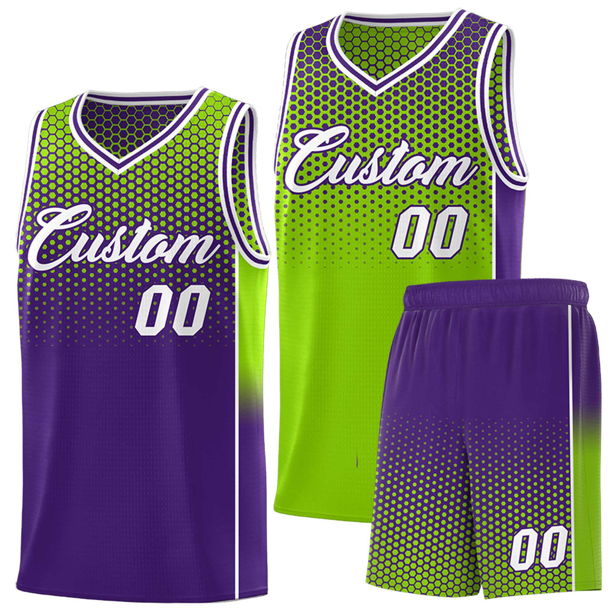 Custom Neon Green Purple Reversible Side Gradient Sports Uniform Dot Pattern Basketball Jersey Kits