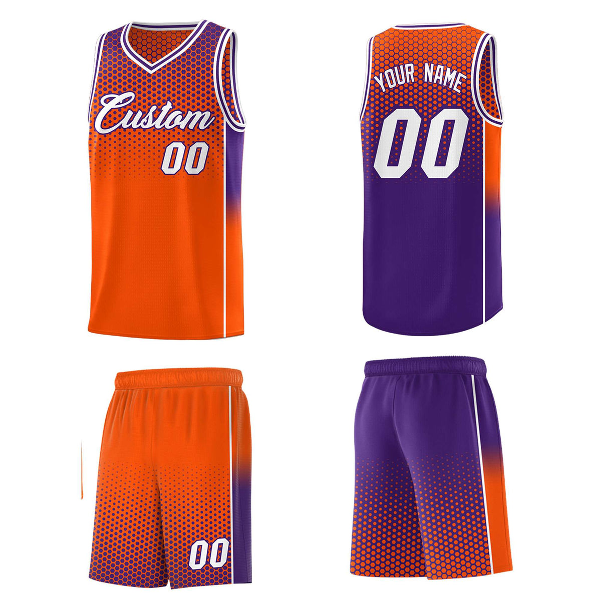 Custom Orange Purple Reversible Side Gradient Sports Uniform Dot Pattern Basketball Jersey Kits