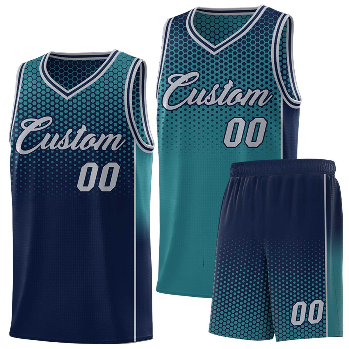 Custom Aqua Navy Reversible Side Gradient Sports Uniform Dot Pattern Basketball Jersey Kits