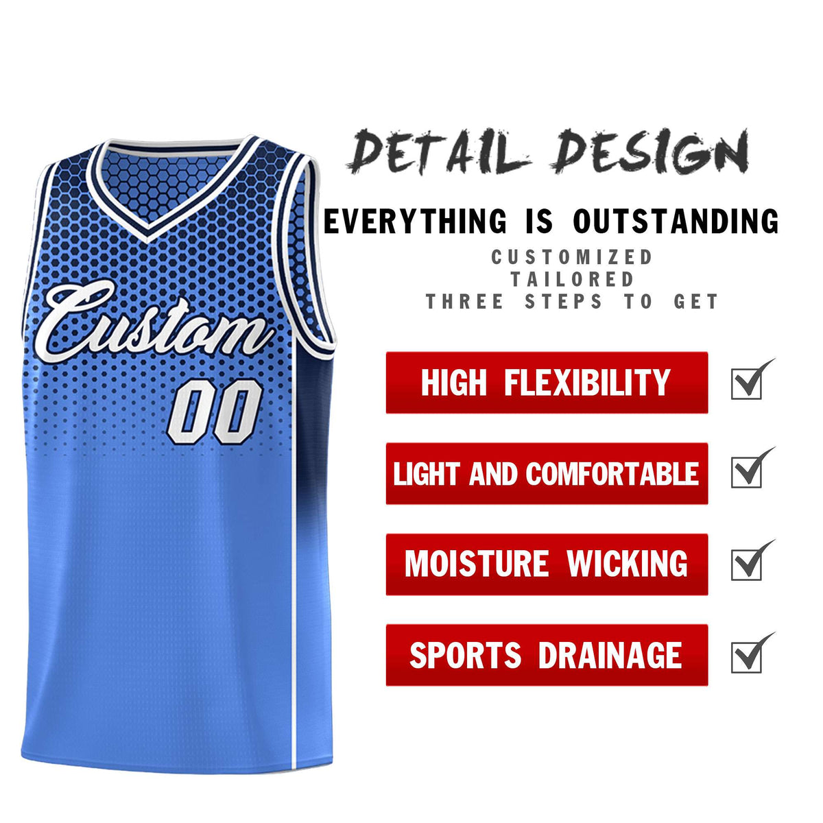Custom Light Blue Navy Reversible Side Gradient Sports Uniform Dot Pattern Basketball Jersey Kits