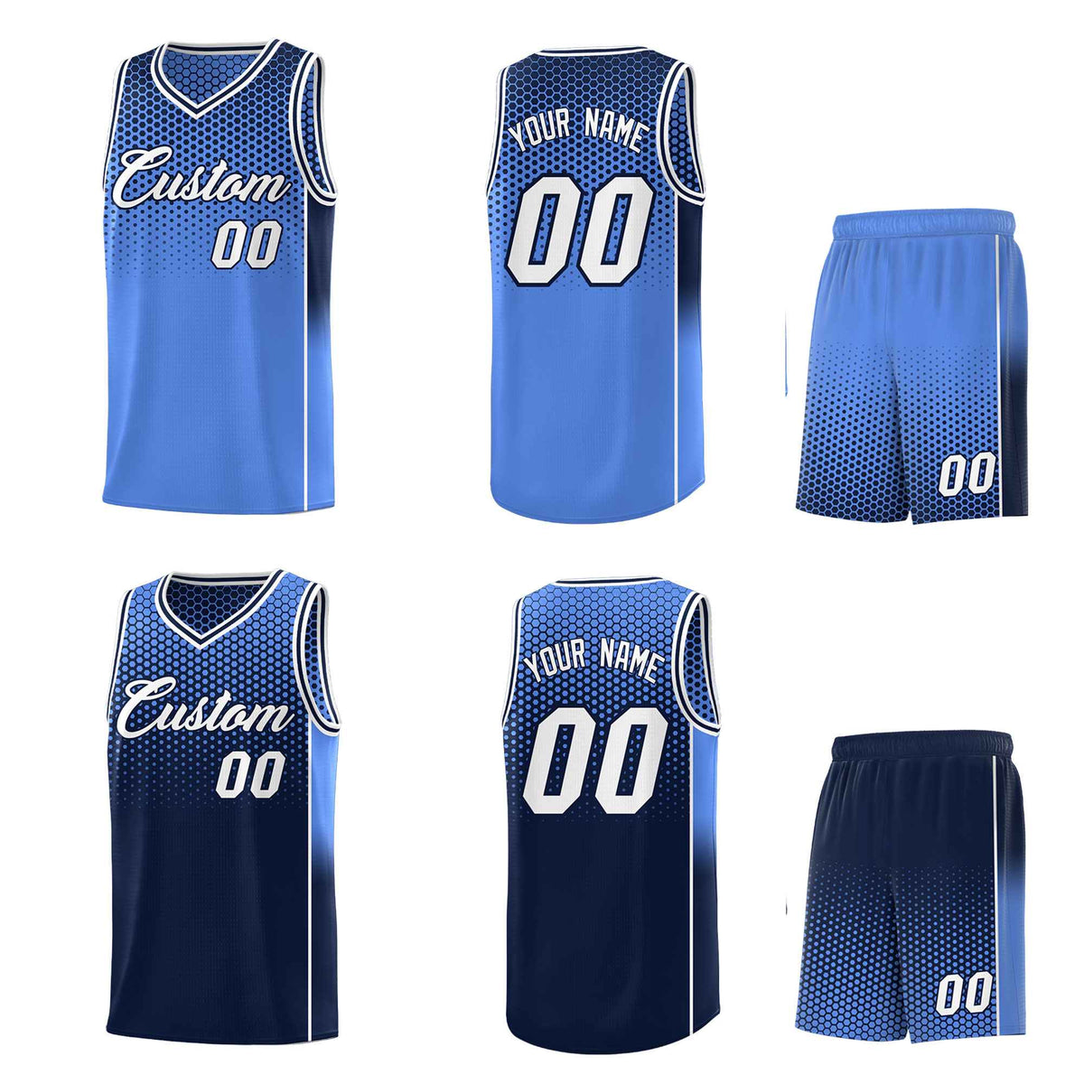 Custom Light Blue Navy Reversible Side Gradient Sports Uniform Dot Pattern Basketball Jersey Kits