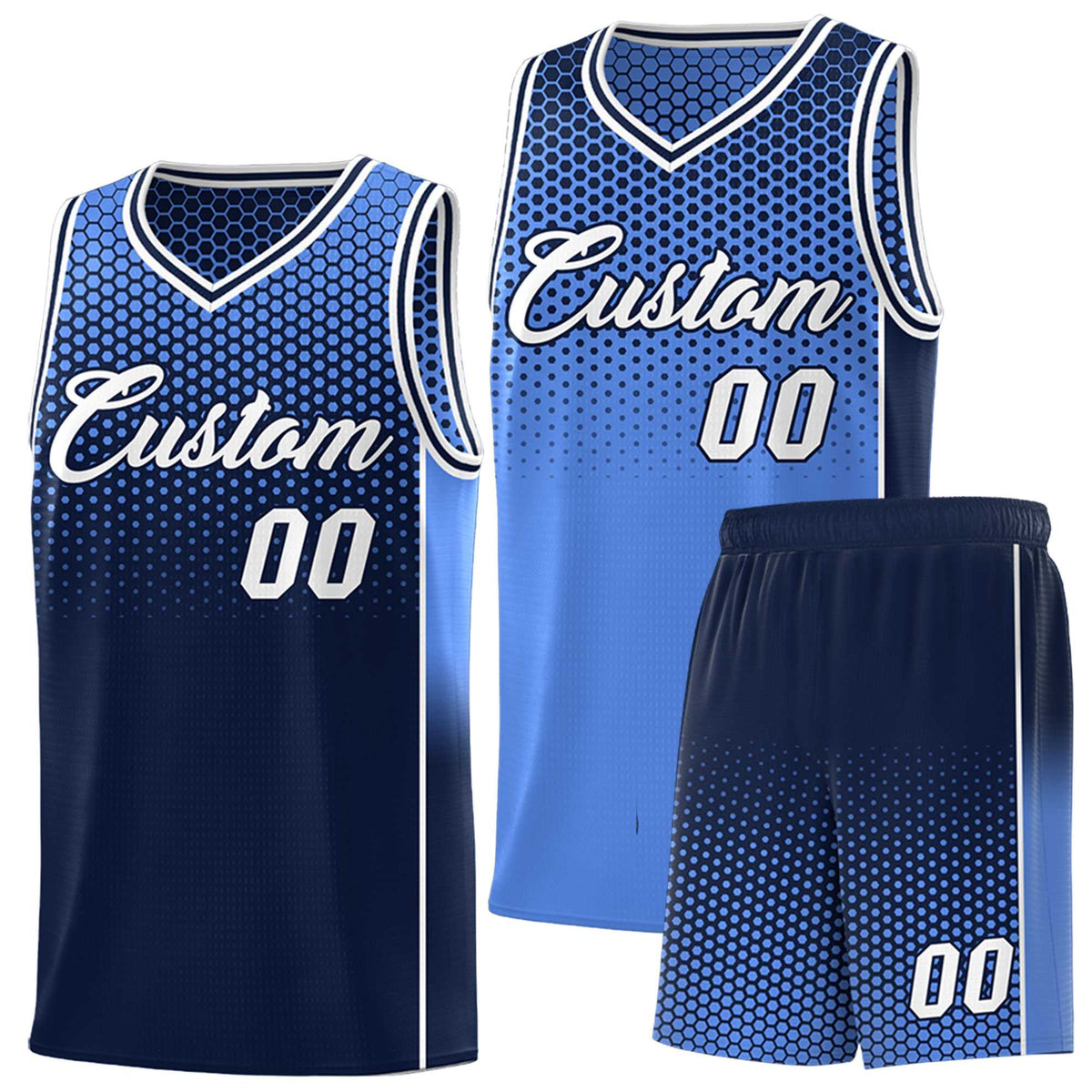 Custom Light Blue Navy Reversible Side Gradient Sports Uniform Dot Pattern Basketball Jersey Kits