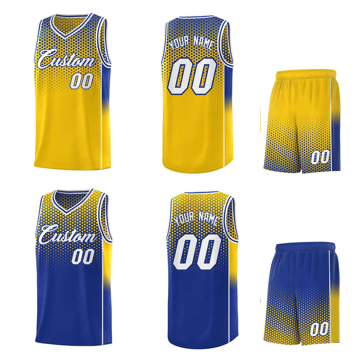 Custom Gold Royal Reversible Side Gradient Sports Uniform Dot Pattern Basketball Jersey Kits