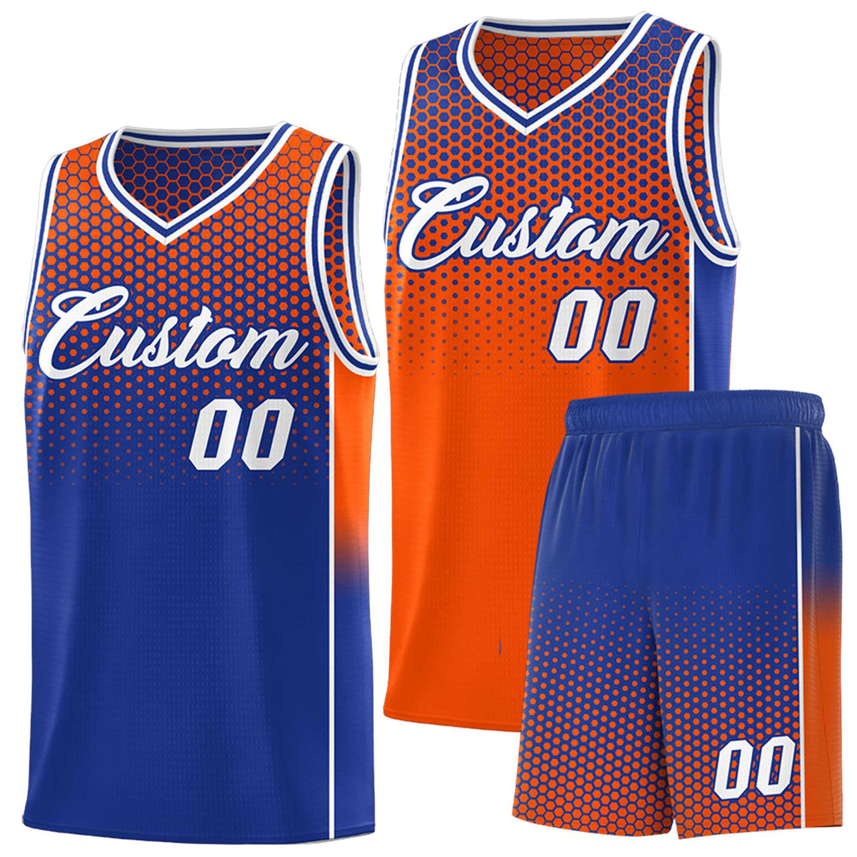 Custom Orange Royal Reversible Side Gradient Sports Uniform Dot Pattern Basketball Jersey Kits