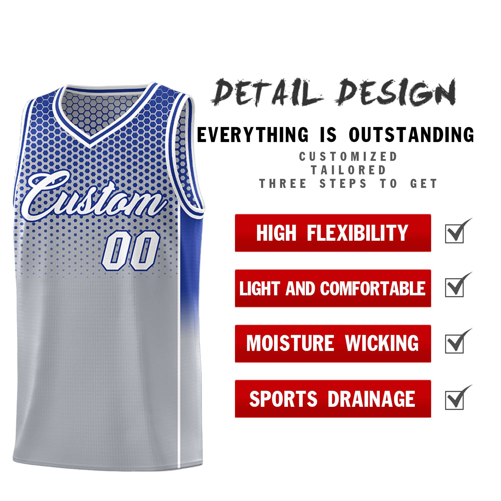 Custom Gray Royal Reversible Side Gradient Sports Uniform Dot Pattern Basketball Jersey Kits