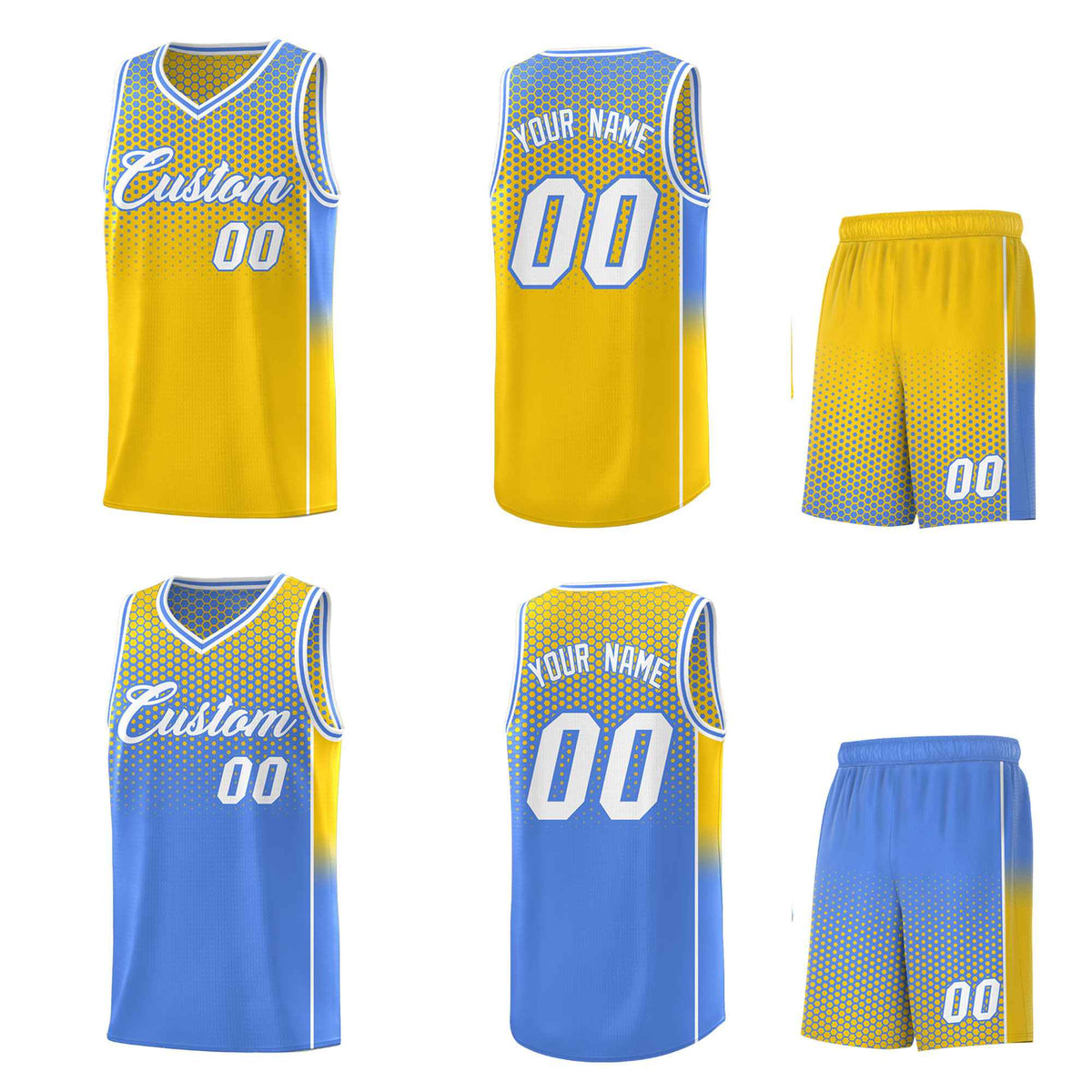 Custom Gold Light Blue Reversible Side Gradient Sports Uniform Dot Pattern Basketball Jersey Kits