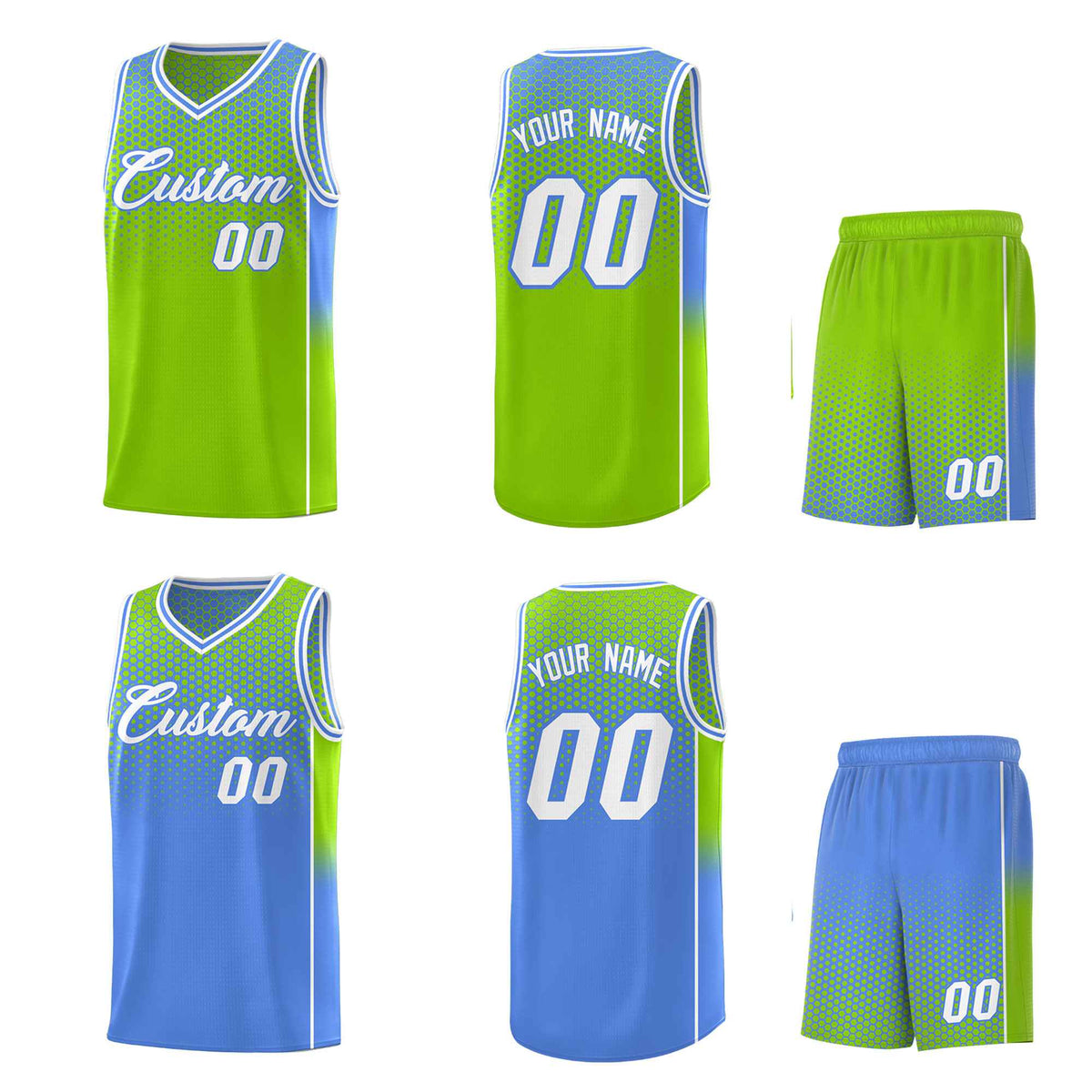 Custom Neon Green Light Blue Reversible Side Gradient Sports Uniform Dot Pattern Basketball Jersey Kits