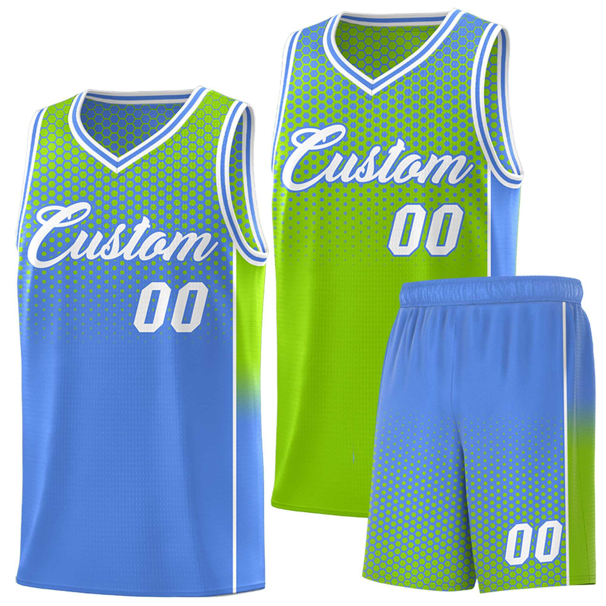 Custom Neon Green Light Blue Reversible Side Gradient Sports Uniform Dot Pattern Basketball Jersey Kits
