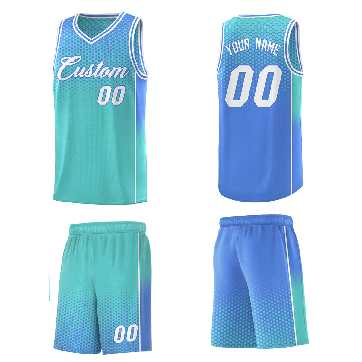 Custom Bright Green Light Blue Reversible Side Gradient Sports Uniform Dot Pattern Basketball Jersey Kits