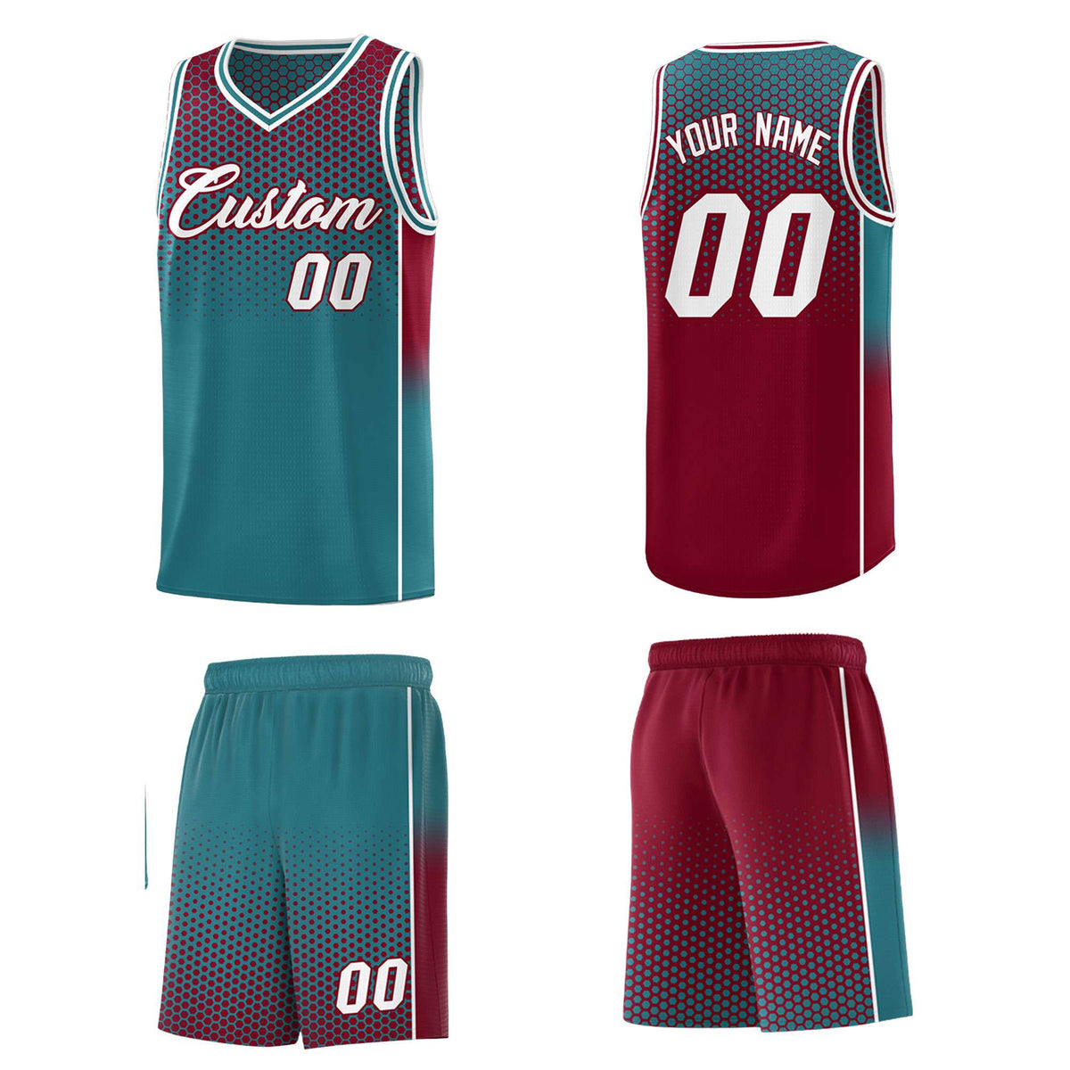 Custom Teal Crimson Reversible Side Gradient Sports Uniform Dot Pattern Basketball Jersey Kits
