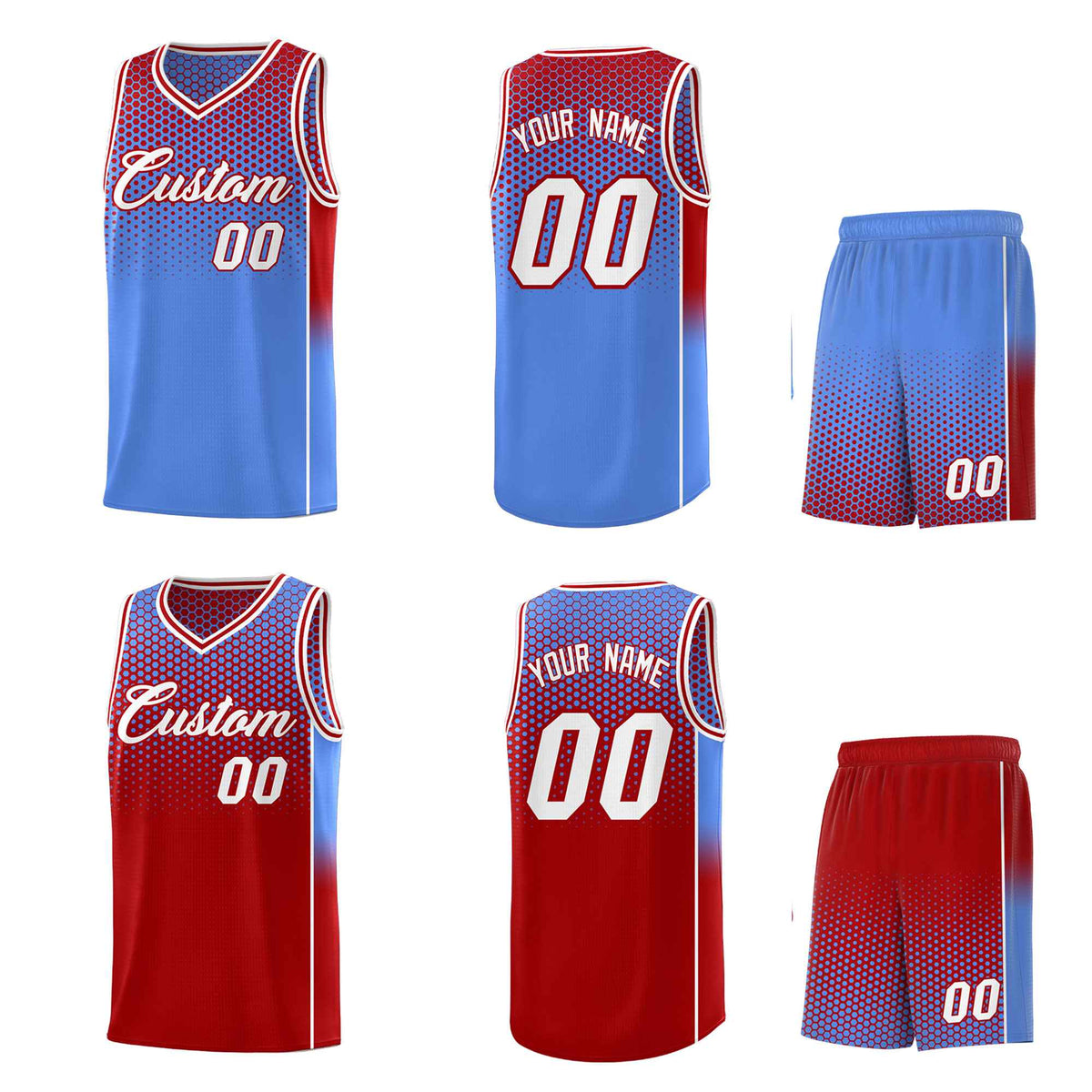 Custom Light Blue Red Reversible Side Gradient Sports Uniform Dot Pattern Basketball Jersey Kits