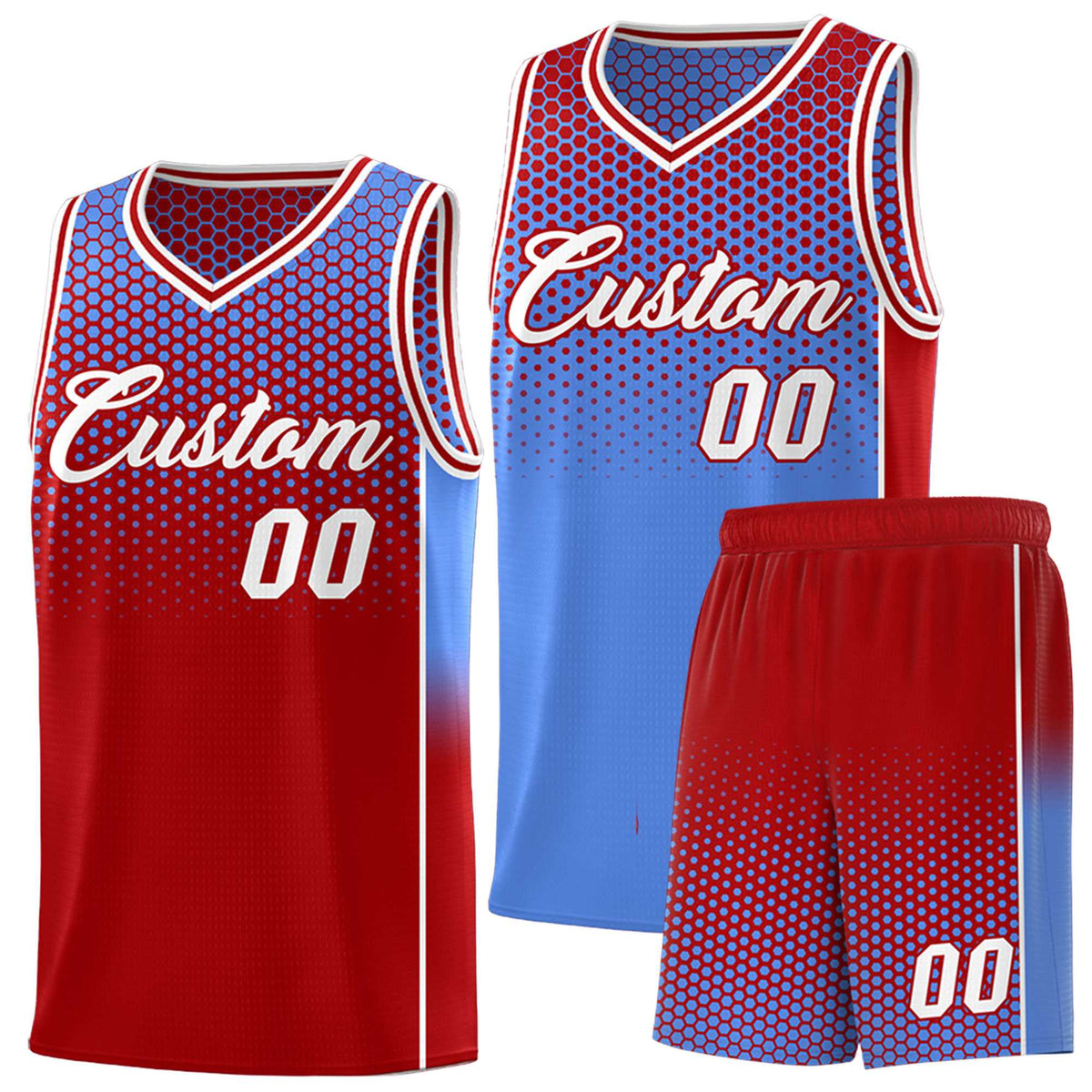Custom Light Blue Red Reversible Side Gradient Sports Uniform Dot Pattern Basketball Jersey Kits