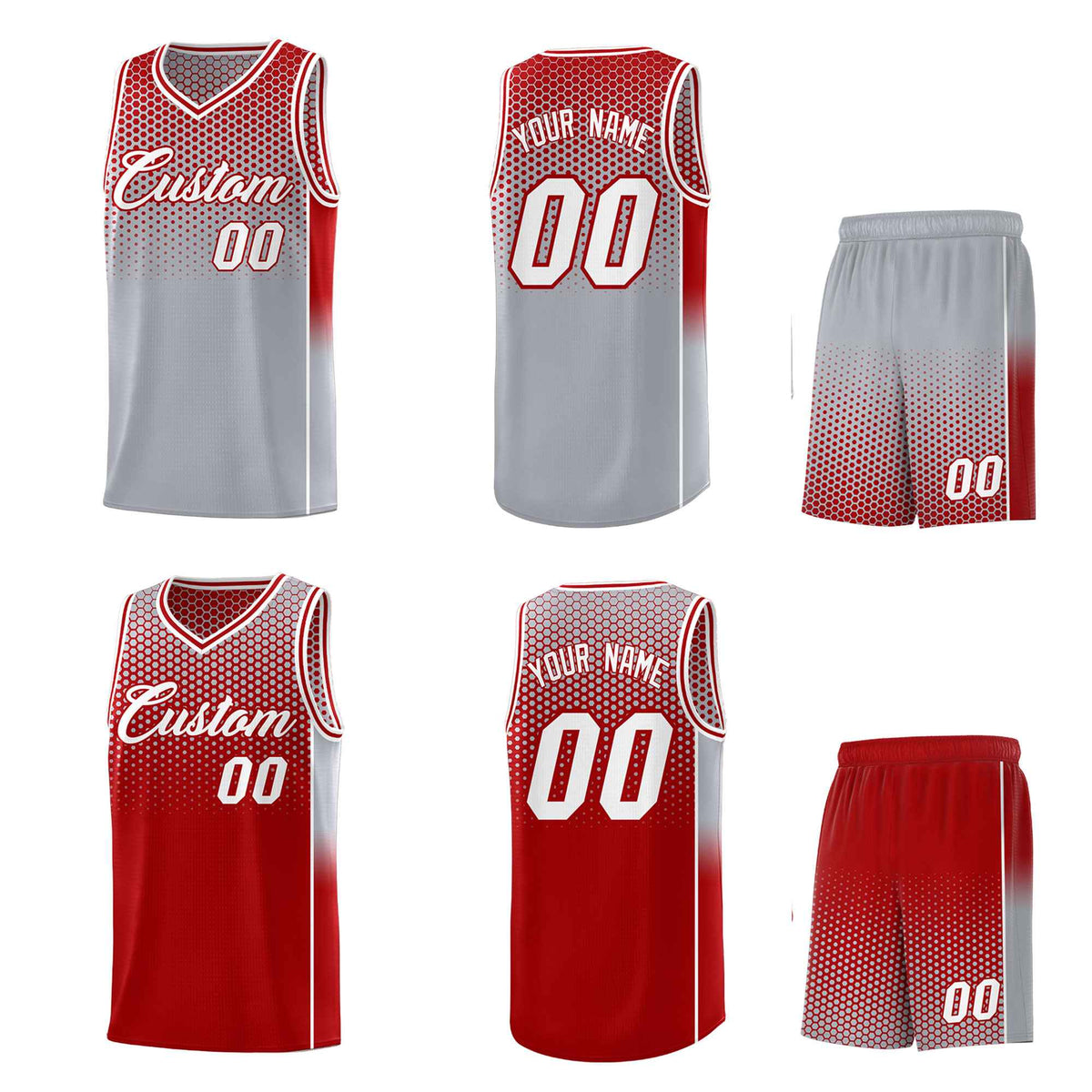 Custom Gray Red Reversible Side Gradient Sports Uniform Dot Pattern Basketball Jersey Kits