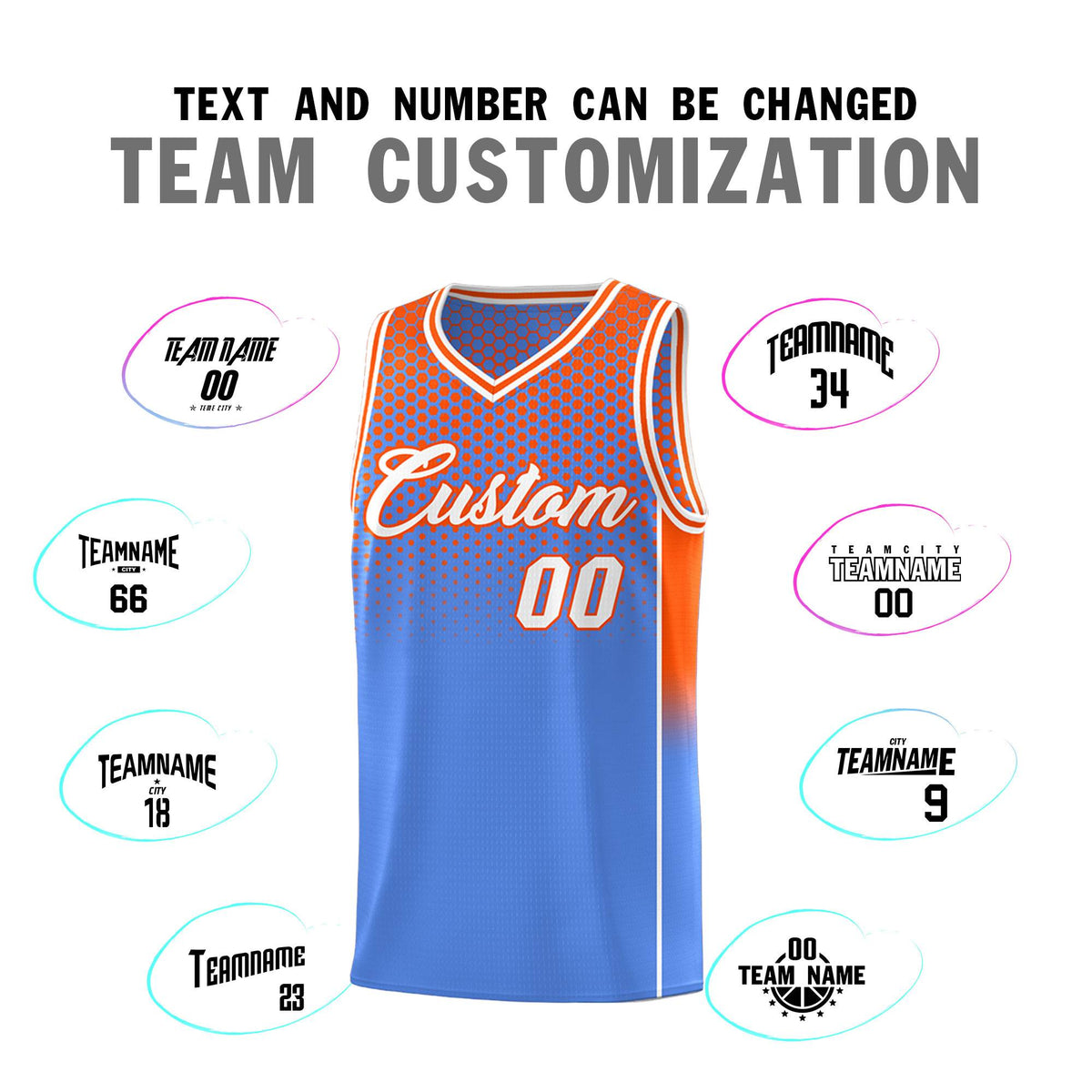 Custom Light Blue Orange Reversible Side Gradient Sports Uniform Dot Pattern Basketball Jersey Kits