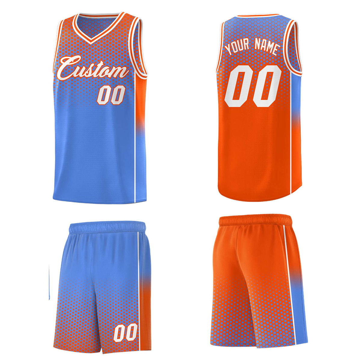 Custom Light Blue Orange Reversible Side Gradient Sports Uniform Dot Pattern Basketball Jersey Kits