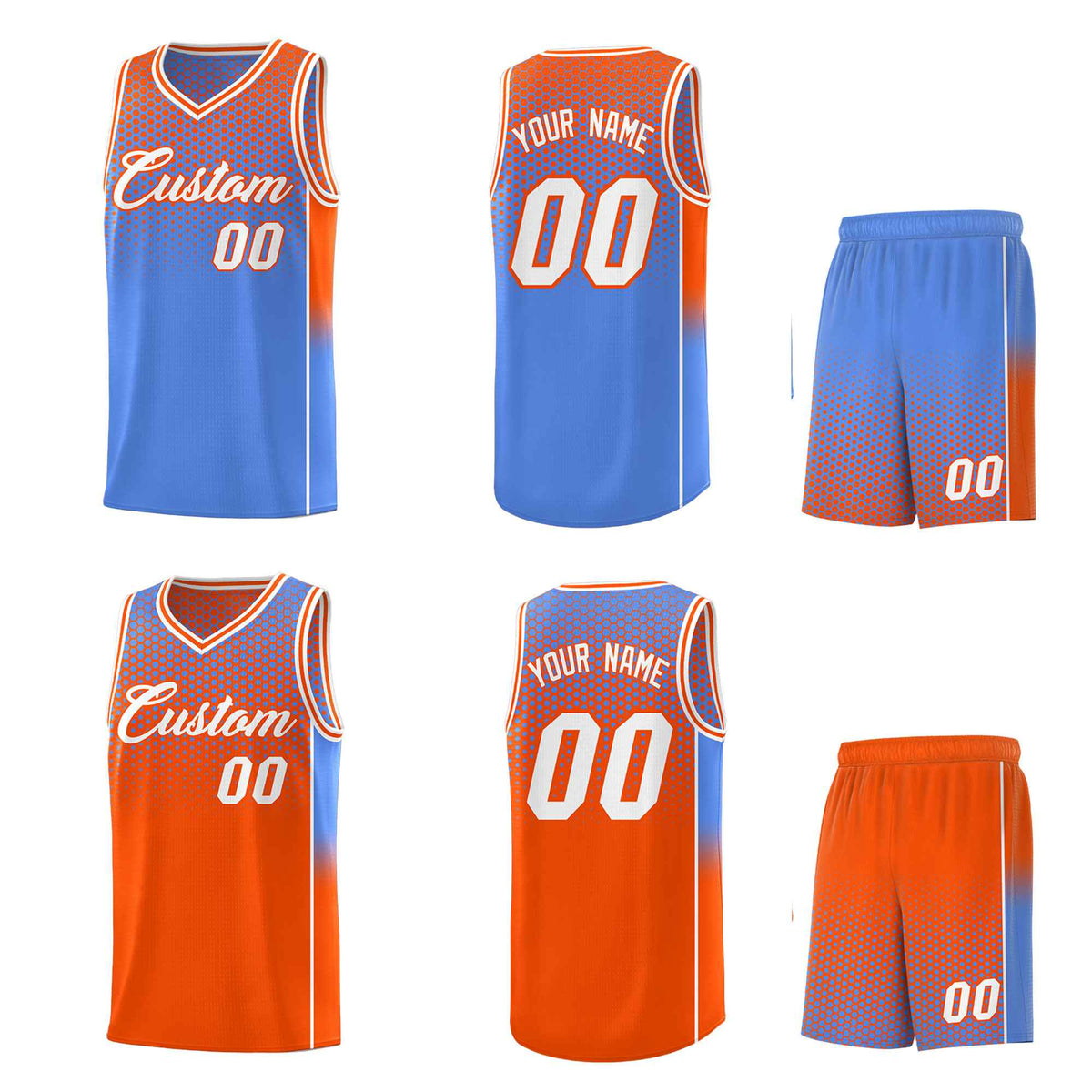 Custom Light Blue Orange Reversible Side Gradient Sports Uniform Dot Pattern Basketball Jersey Kits