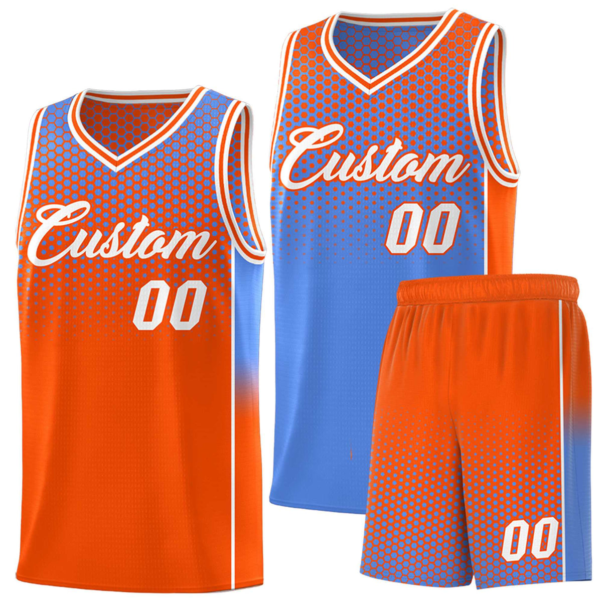 Custom Light Blue Orange Reversible Side Gradient Sports Uniform Dot Pattern Basketball Jersey Kits