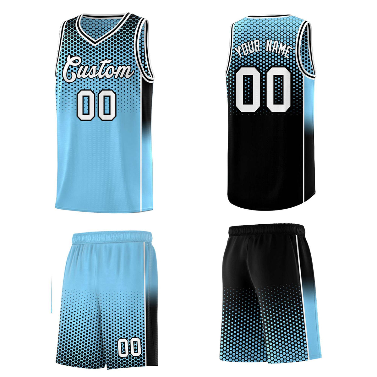Custom Powder Blue Black Reversible Side Gradient Sports Uniform Dot Pattern Basketball Jersey Kits