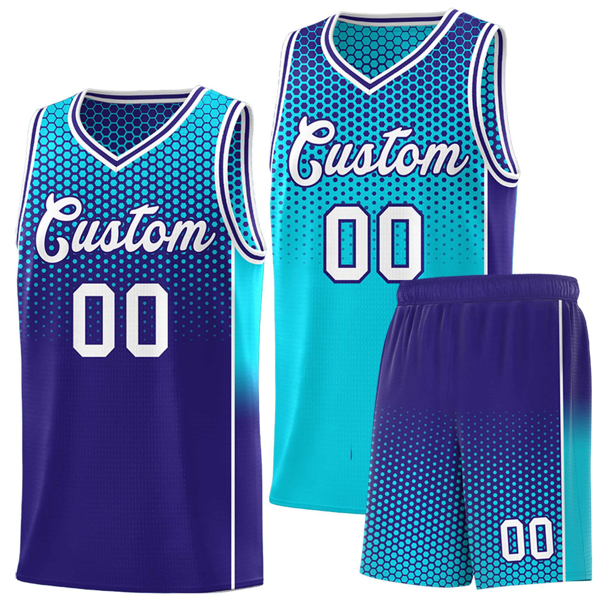 Custom Sky Blue Navy Reversible Side Gradient Sports Uniform Dot Pattern Basketball Jersey Kits