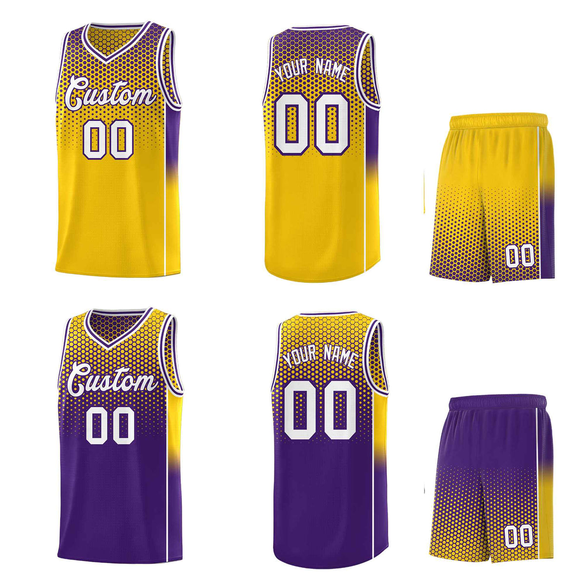 Custom Gold Purple Reversible Side Gradient Sports Uniform Dot Pattern Basketball Jersey Kits