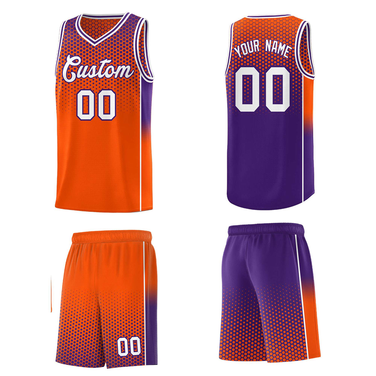 Custom Orange Purple Reversible Side Gradient Sports Uniform Dot Pattern Basketball Jersey Kits
