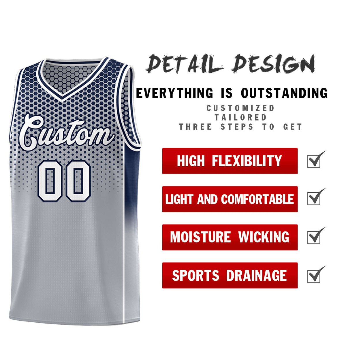 Custom Gray Navy Reversible Side Gradient Sports Uniform Dot Pattern Basketball Jersey Kits