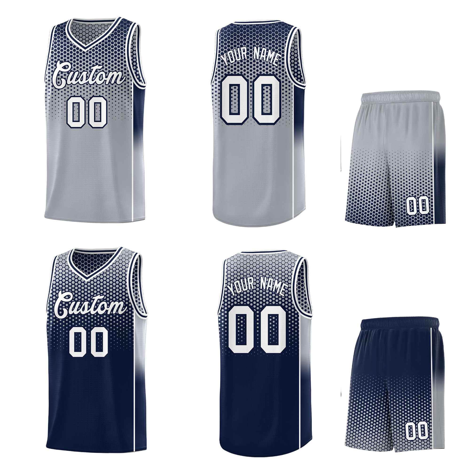Custom Gray Navy Reversible Side Gradient Sports Uniform Dot Pattern Basketball Jersey Kits