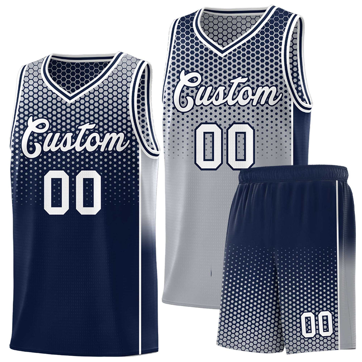 Custom Gray Navy Reversible Side Gradient Sports Uniform Dot Pattern Basketball Jersey Kits