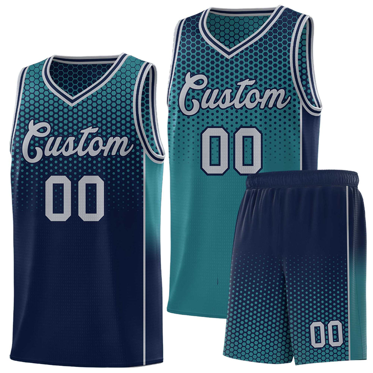 Custom Aqua Navy Reversible Side Gradient Sports Uniform Dot Pattern Basketball Jersey Kits