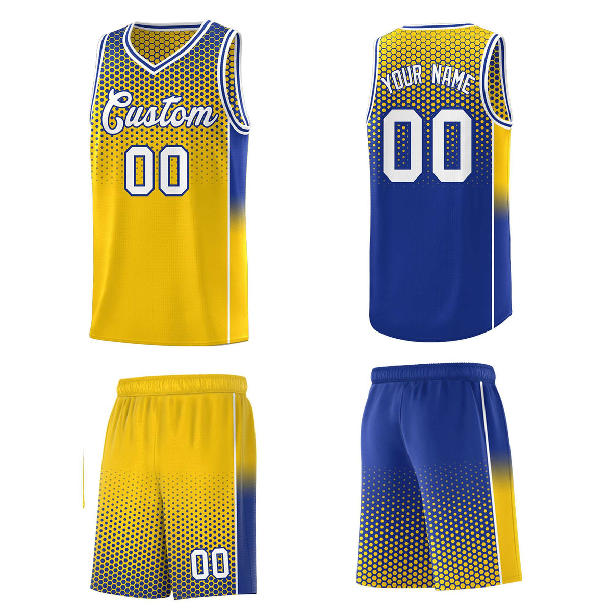 Custom Gold Royal Reversible Side Gradient Sports Uniform Dot Pattern Basketball Jersey Kits