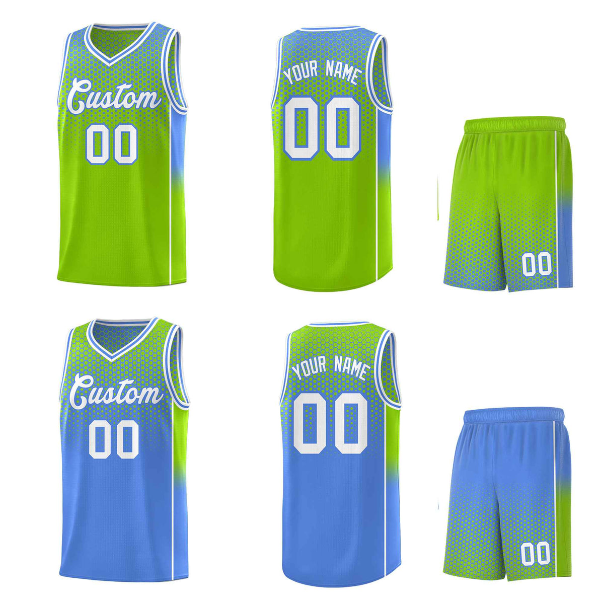 Custom Neon Green Light Blue Reversible Side Gradient Sports Uniform Dot Pattern Basketball Jersey Kits