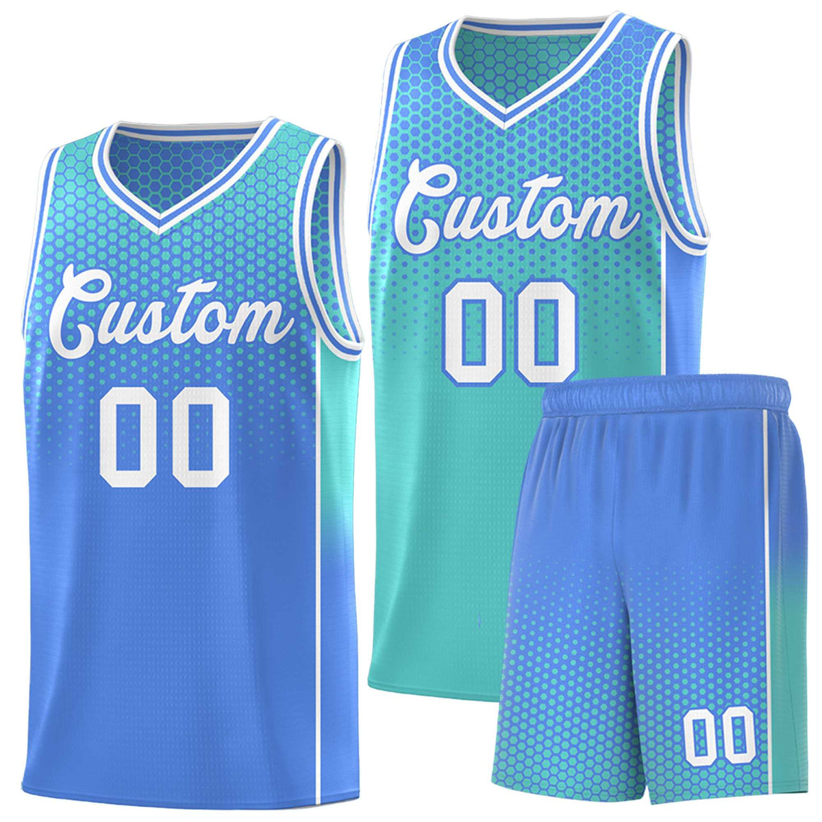 Custom Bright Green Light Blue Reversible Side Gradient Sports Uniform Dot Pattern Basketball Jersey Kits