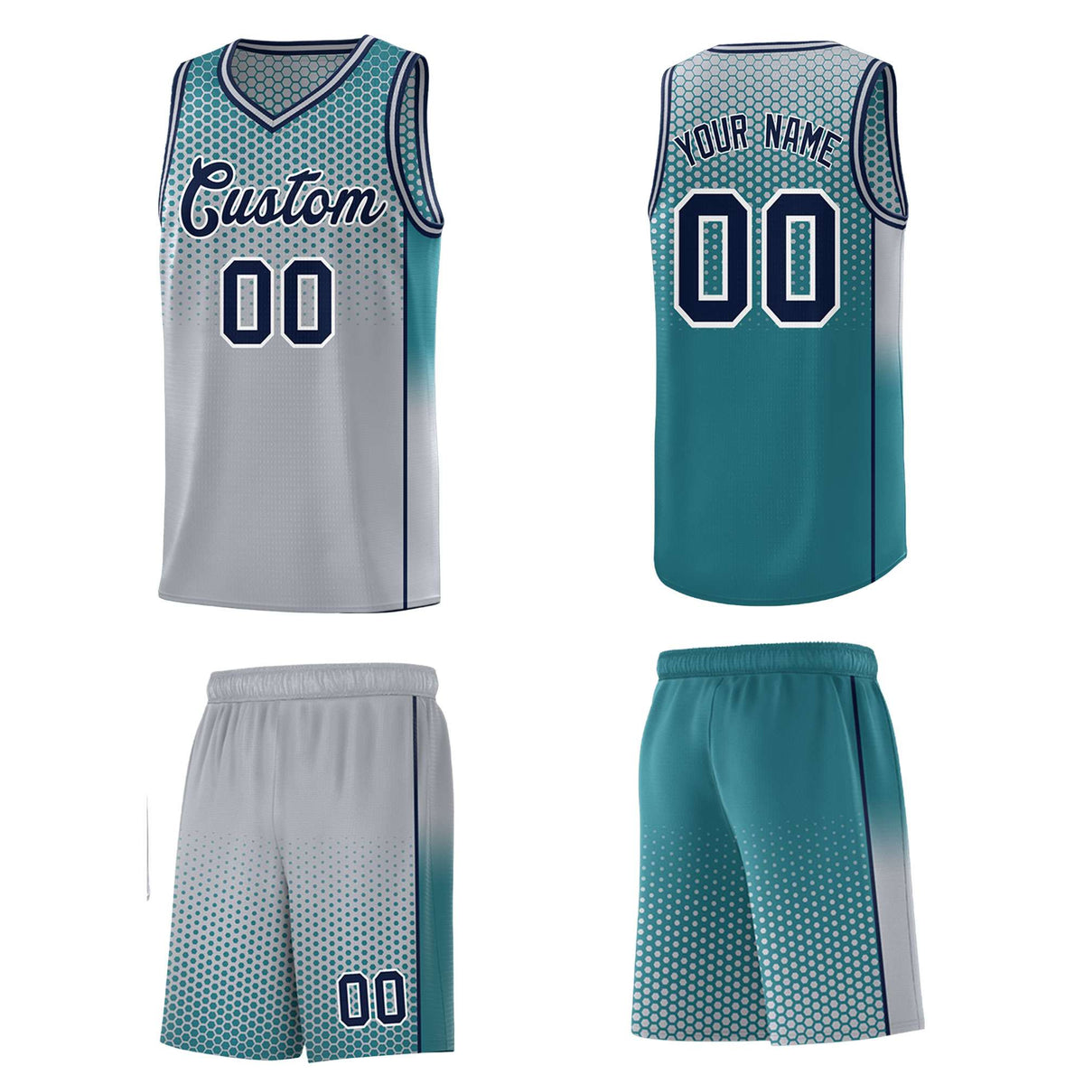 Custom Gray Aqua Reversible Side Gradient Sports Uniform Dot Pattern Basketball Jersey Kits