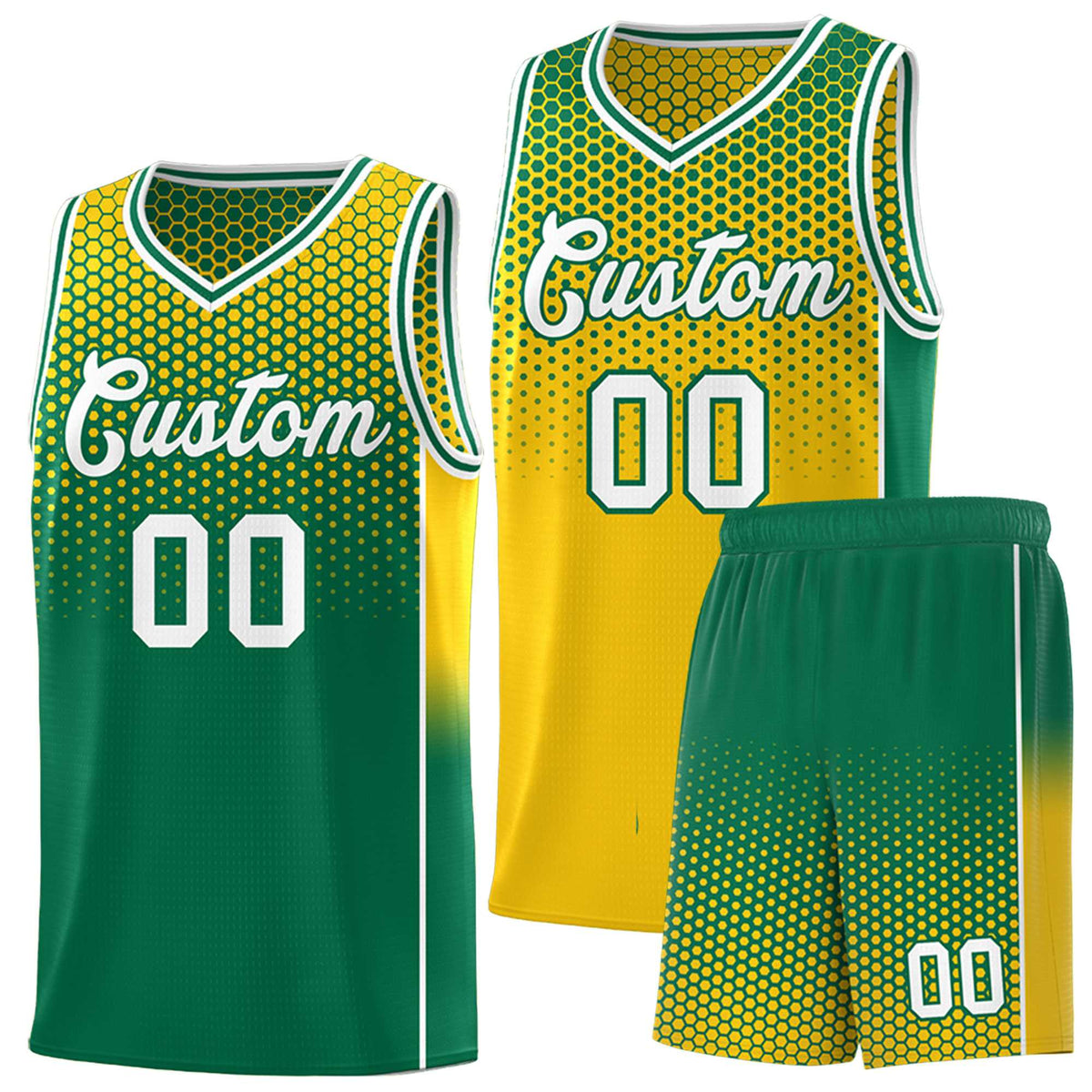 Custom Gold Kelly Green Reversible Side Gradient Sports Uniform Dot Pattern Basketball Jersey Kits
